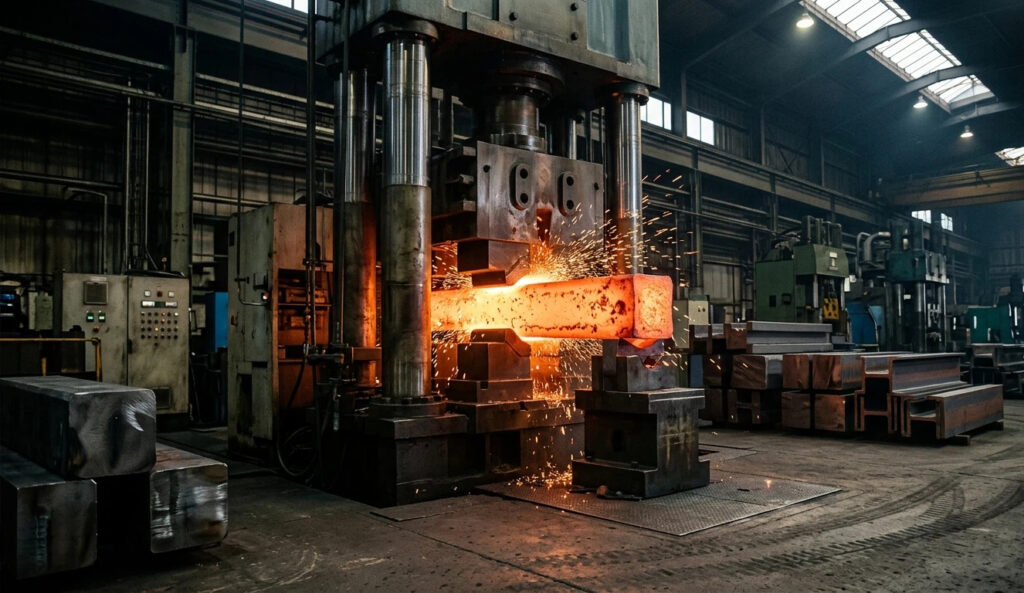 Heavy hydraulic forging press working on a glowing hot H13 tool steel ingot in a factory