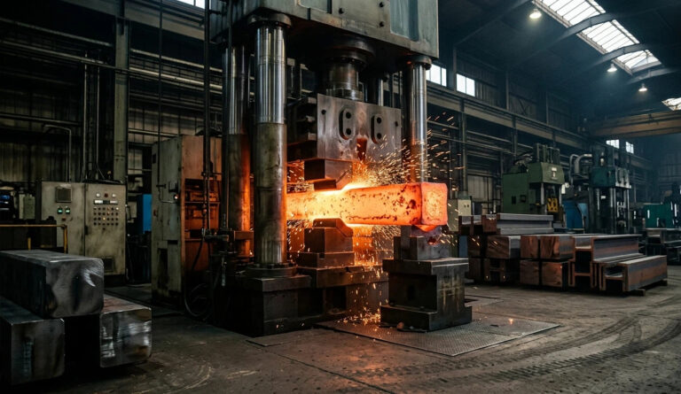 Heavy hydraulic forging press working on a glowing hot H13 tool steel ingot in a factory