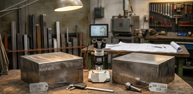 A scientist in white inspection gloves compares Mill Test Certificates (MTC) and uses a portable PMI analyzer on an AISI H13 vs DIN 1.2344 tool steel mold section in a QC laboratory.