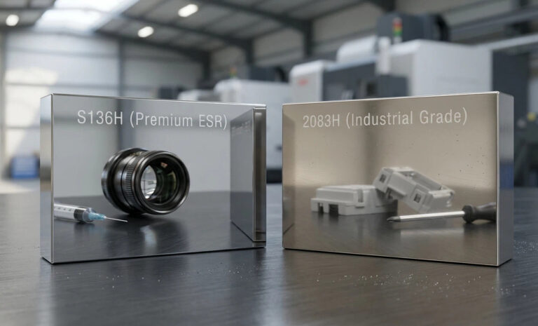Comparison of S136H vs 2083H plastic mould steel showing mirror finish and industrial grade surfaces.