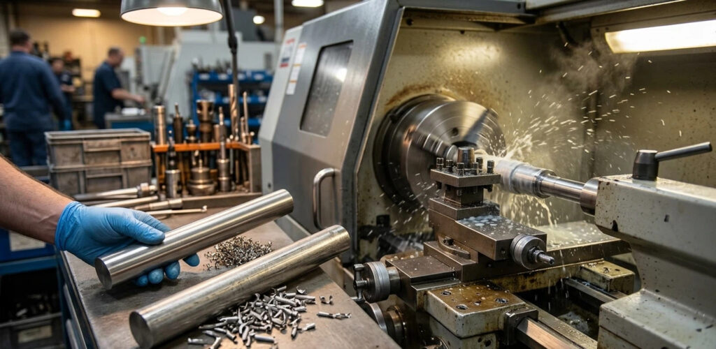 Professional industrial machining environment for comparing 410 vs 416 stainless steel. Foreground shows two different stainless steel bars: Type 410 with smooth finish and coiled chips representing corrosion resistance, and Type 416 with broken chips representing machinability, resting on a workshop bench under focused lighting.