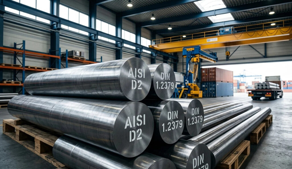 Comparison of AISI D2 and DIN 1.2379 tool steel bars in an industrial warehouse