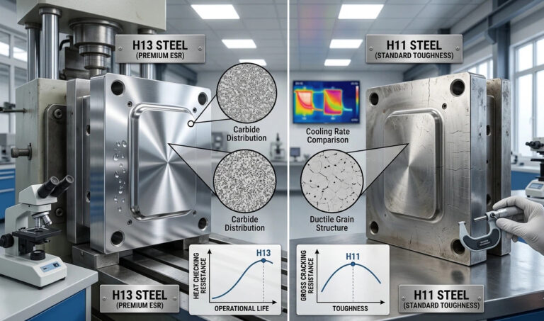 A technical micrograph comparing uncontrolled dendritic bridging in natural H11 steel solidification (left pain point) vs void reduction through control intervention (right solution) for high-density forged H13 vs H11 steel bars.