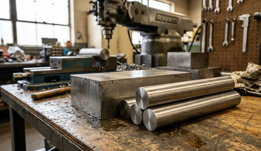 Various sizes of A2 tool steel round bars and blocks on a workbench. This air-hardening steel offers superior dimensional stability and wear resistance for precision dies.