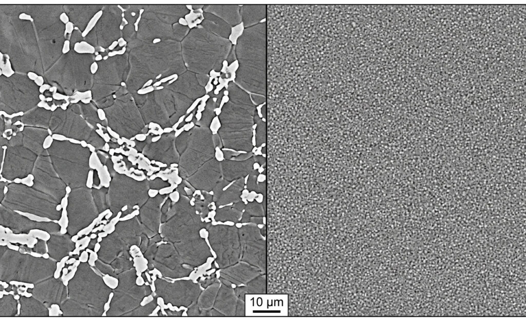 SEM microstructure comparison showing large carbide clusters in conventional D2 vs. uniform carbide distribution in CPM D2 powder metallurgy steel.