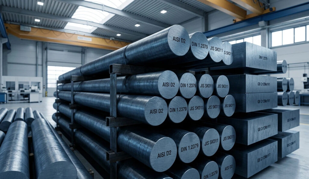 A professional close-up of premium cold work tool steel equivalents featuring AISI D2, DIN 1.2379, and JIS SKD11 round bars with clear international codes stamped in a modern industrial warehouse setting, demonstrating global steel standards comparison. No text embedded.