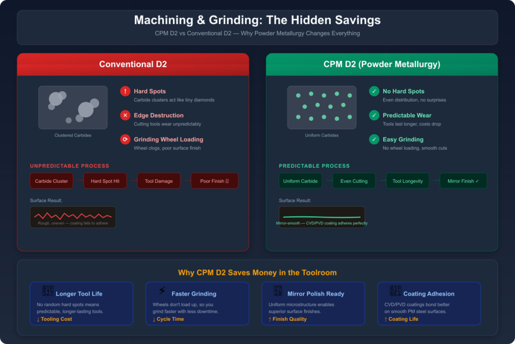 Side-by-side infographic comparing Conventional D2 and CPM D2 tool steel in machining and grinding. Left panel shows clustered carbides causing hard spots, tool damage, and rough surface finish. Right panel shows uniform carbide distribution enabling predictable wear, easy grinding, and mirror-smooth finish. Bottom highlights four savings: longer tool life, faster grinding, mirror polish readiness, and better CVD/PVD coating adhesion.