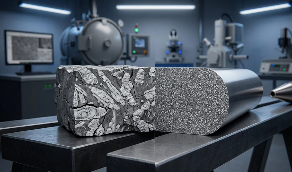 Hyper-realistic microscopic comparison of two steel microstructures. The left side shows conventional D2 steel with severe banding and large carbide segregation clusters, illustrating a brittle structure. The right side shows CPM D2 steel produced via powder metallurgy, featuring an extremely fine, uniform stardust distribution of spherical carbides, demonstrating superior toughness and dimensional stability. Both rest on a steel workbench in a blurred materials lab, with a gas atomization nozzle in the background. No text is visible.