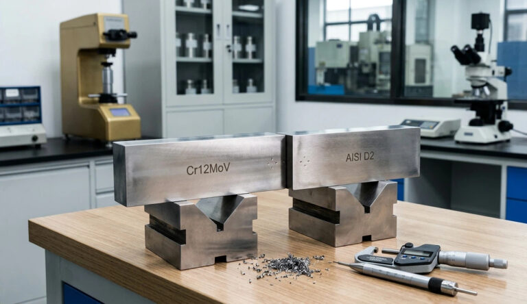 Professional side-by-side technical comparison of Cr12MoV and AISI D2 tool steel blocks in a quality control laboratory, featuring precision measurement tools and metallurgical testing equipment.