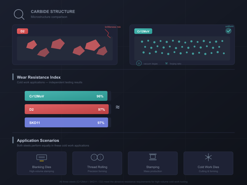Cr12MoV vs D2 tool steel wear resistance comparison infographic showing carbide microstructure distribution and cold work application performance
