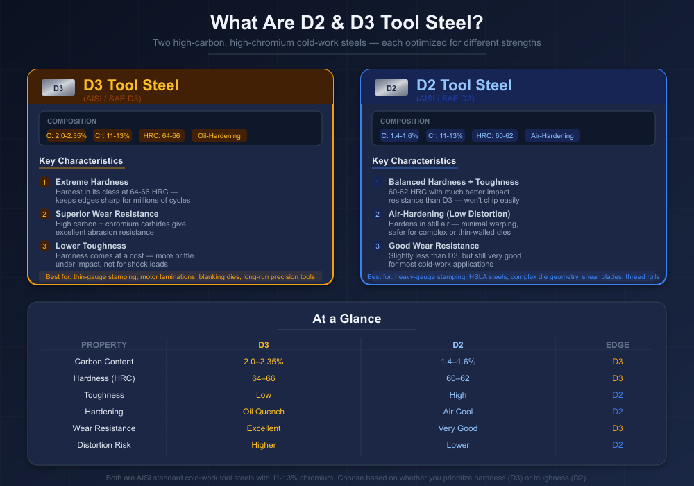 Infographic introducing D2 and D3 tool steel products. D3 (2.0-2.35% C, 64-66 HRC, oil-hardening) offers extreme hardness and superior wear resistance but lower toughness — best for thin-gauge stamping and motor laminations. D2 (1.4-1.6% C, 60-62 HRC, air-hardening) balances hardness with toughness and has lower distortion risk — best for heavy-gauge stamping and complex die geometry. A comparison table at the bottom shows D3 leads in hardness, carbon content, and wear resistance, while D2 leads in toughness, hardening method, and distortion control.
