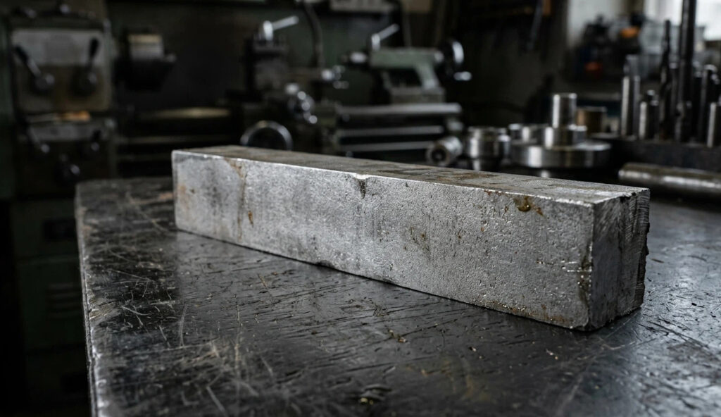 Macro photography of a raw D2 steel bar on a workshop table, highlighting its matte grey surface texture and high-carbon chromium composition for tool making.