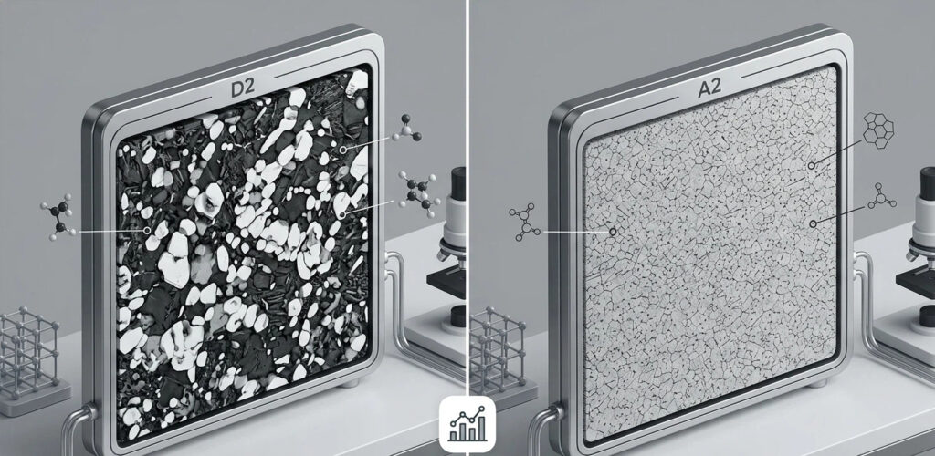 Technical comparison of metallurgical microstructures: AISI D2 showing large primary carbide clusters versus A2 tool steel featuring a refined grain structure for improved toughness.
