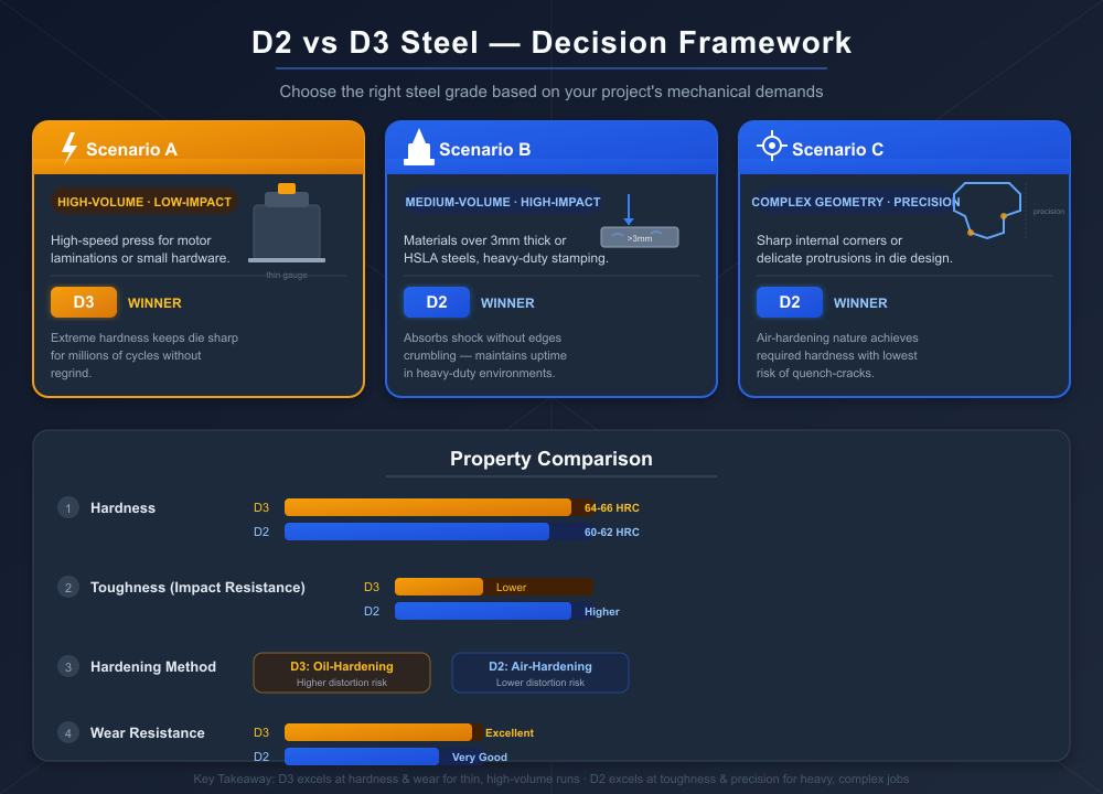 Infographic comparing D2 and D3 steel grades across three scenarios: D3 wins for high-volume low-impact thin gauge stamping; D2 wins for medium-volume high-impact heavy gauge work and complex geometry requiring precision. Bottom section shows property bars comparing hardness (D3: 64-66 HRC vs D2: 60-62 HRC), toughness (D2 higher), hardening method (D3 oil vs D2 air), and wear resistance (D3 excellent vs D2 very good).
