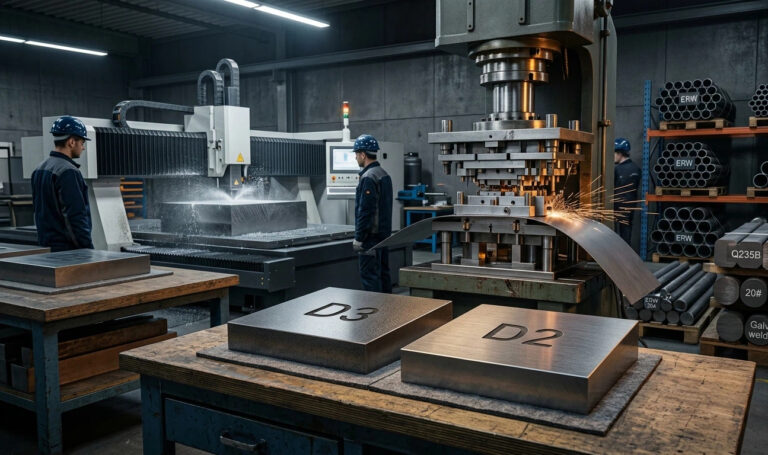 A professional industrial workshop comparing D2 vs D3 steel blocks on a workbench, featuring a CNC large panel cutting machine and a heavy-duty stamping press in a minimalist overseas factory setting.