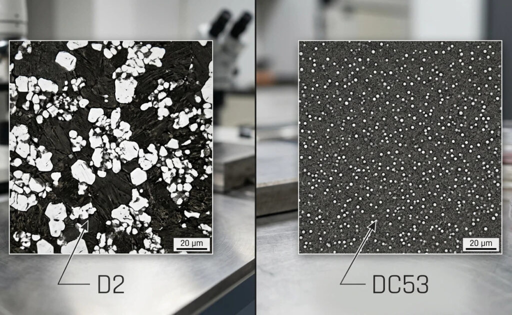 Microscopic comparison of tool steel: D2 showing coarse primary carbide clusters vs DC53 showing fine, uniform carbide distribution for improved impact toughness.