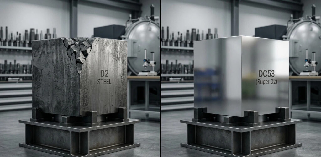 Comparison of D2 vs DC53 Steel: The left die shows significant cracking and chipping due to D2 brittle properties, while the DC53 steel die on the right maintains a perfect mirror-finish edge after high-cycle stamping.
