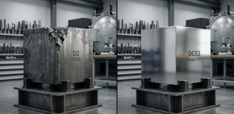 Comparison of D2 vs DC53 Steel: The left die shows significant cracking and chipping due to D2 brittle properties, while the DC53 steel die on the right maintains a perfect mirror-finish edge after high-cycle stamping.