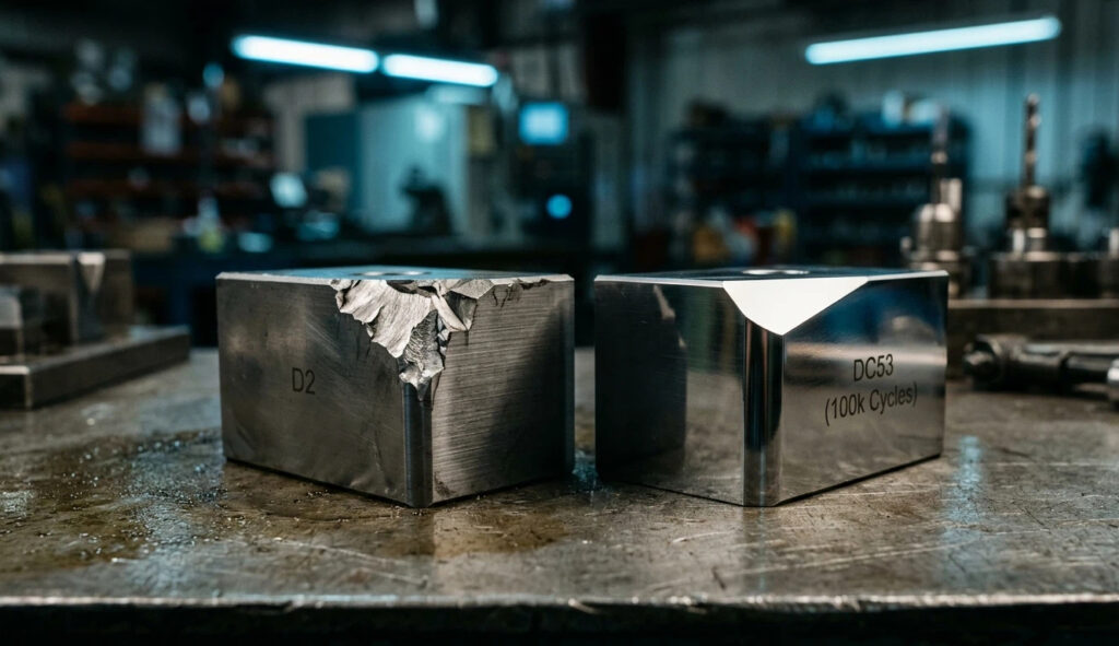 A high-end macro photography comparison of two industrial punch dies. The left die shows a jagged, chipped corner indicating brittle D2 steel failure. The right die displays a perfect, flawlessly sharp, mirror-finished edge after 100,000 cycles, representing DC53 steel success in precision stamping.