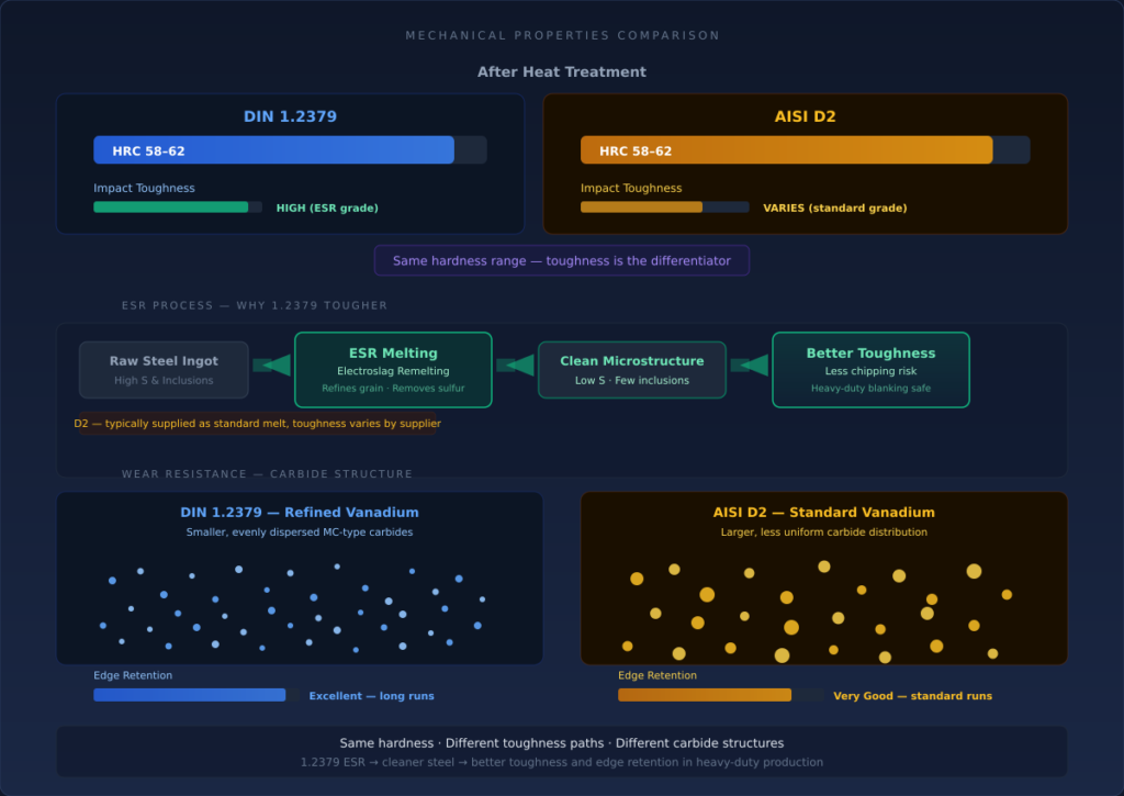 DIN 1.2379 vs D2 mechanical properties comparison showing hardness, ESR toughness advantage, and MC carbide wear resistance differences
