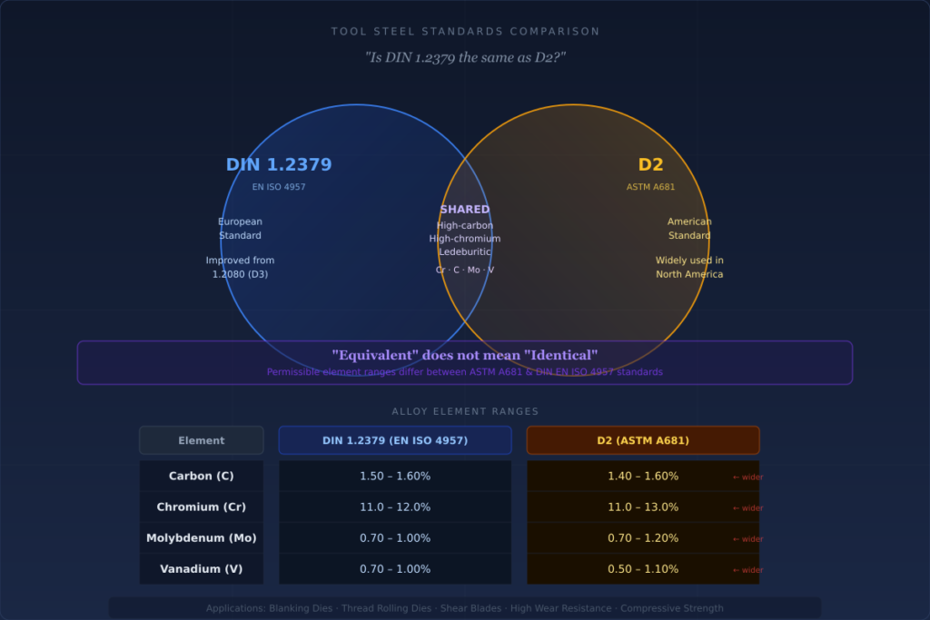 DIN 1.2379 vs D2 tool steel comparison chart showing alloy element ranges including carbon, chromium, molybdenum, and vanadium

