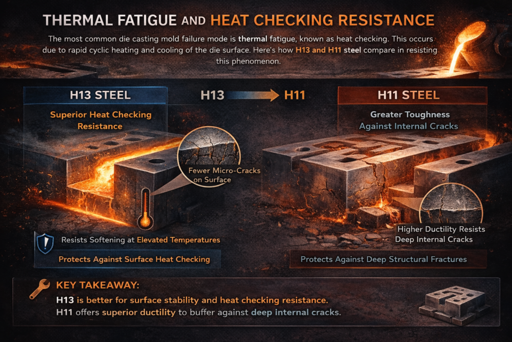Infographic comparing H13 and H11 tool steel for thermal fatigue resistance, highlighting H13 heat checking resistance and H11 ductility against internal cracking