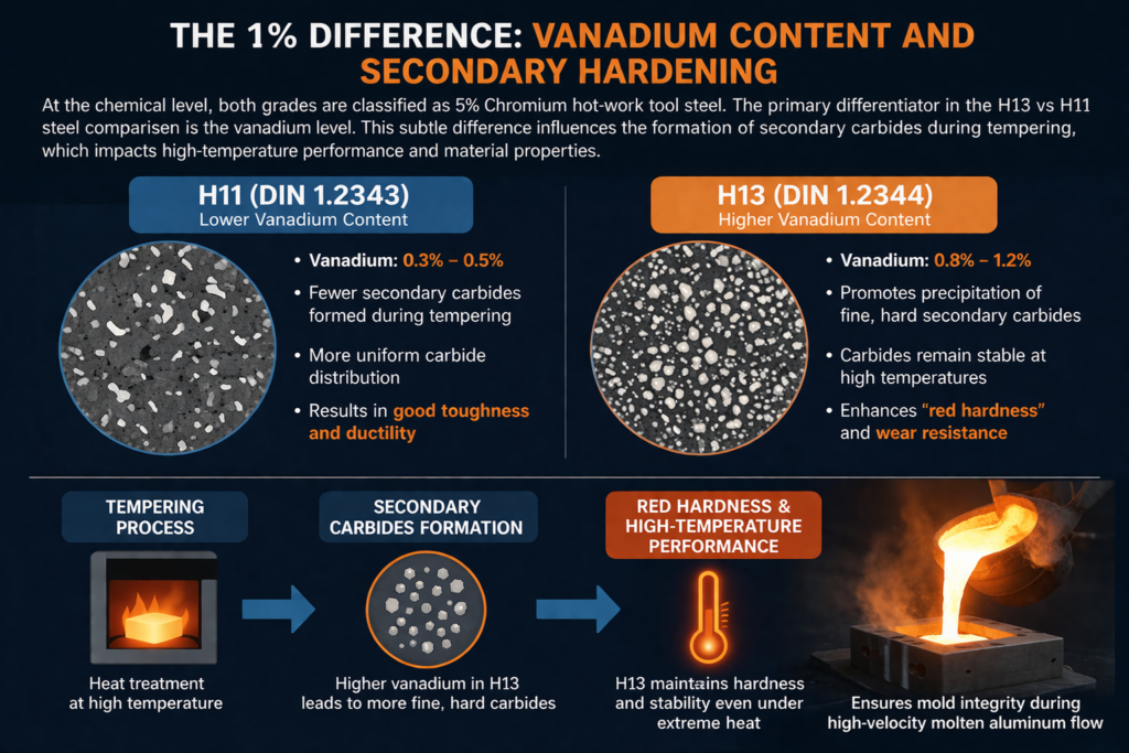 H13 vs H11 tool steel comparison showing vanadium content difference and its effect on secondary hardening and carbide formation