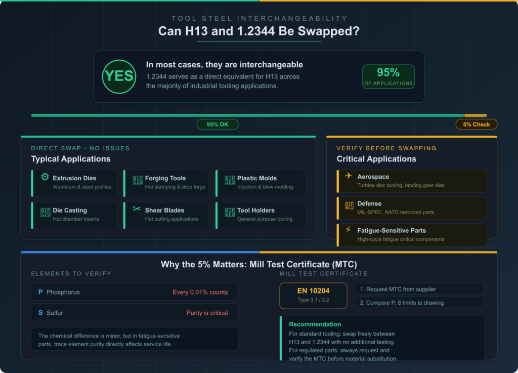 Is H13 interchangeable with DIN 1.2344 tool steel? Comparison chart showing 95% direct swap compatibility for extrusion dies, forging tools, and plastic molds with 5% aerospace and defense exceptions requiring mill test certificate verification