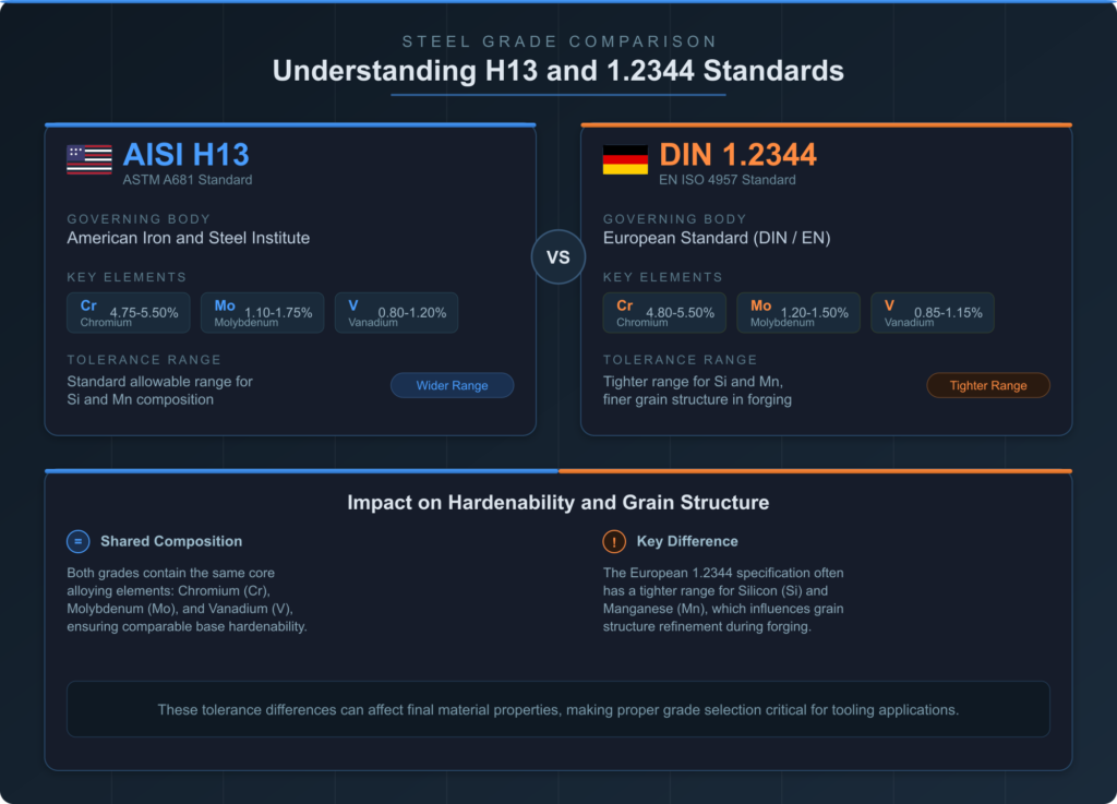 AISI H13 vs DIN 1.2344 hot work tool steel comparison chart showing chromium, molybdenum, vanadium composition differences and tolerance ranges