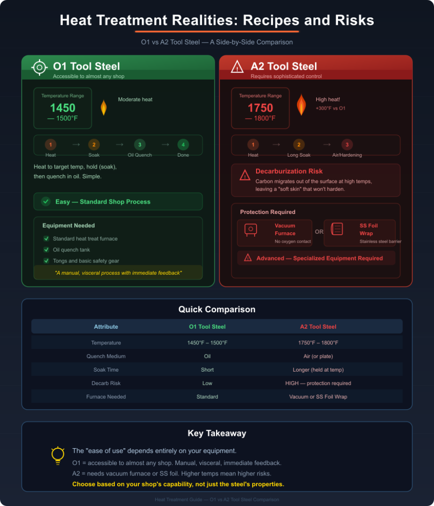 Heat treatment comparison infographic for O1 and A2 tool steel showing temperature ranges, quench methods, decarburization risks, and equipment requirements side by side
