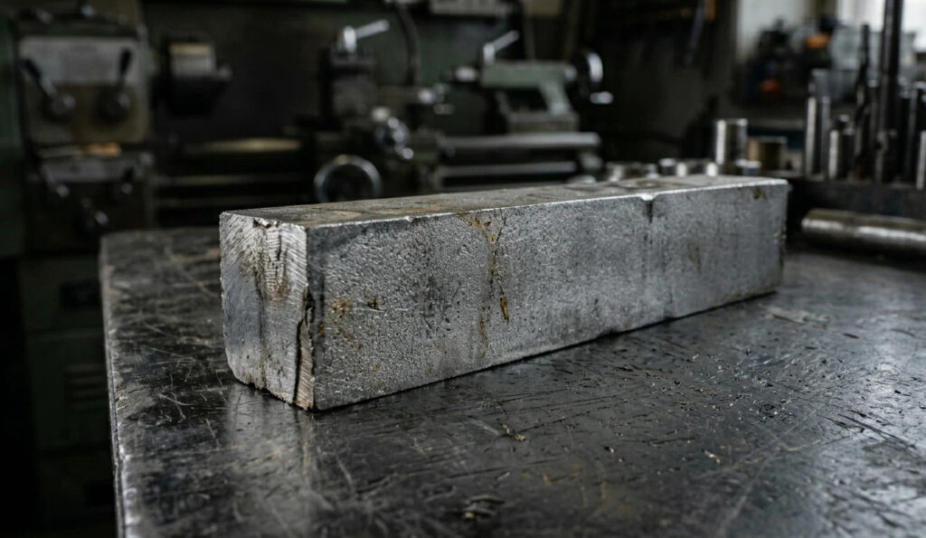 Professional close-up of a raw M2 steel block in a machine shop, highlighting the refined grain structure of molybdenum-based high-speed steel for industrial cutting tools.