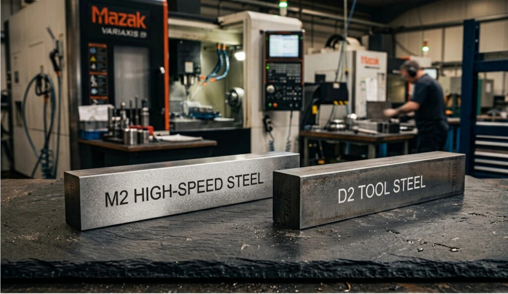 Industrial comparison of M2 steel vs D2 tool steel bars on a slate surface, showcasing the textural differences for high-speed cutting vs cold-work applications.
