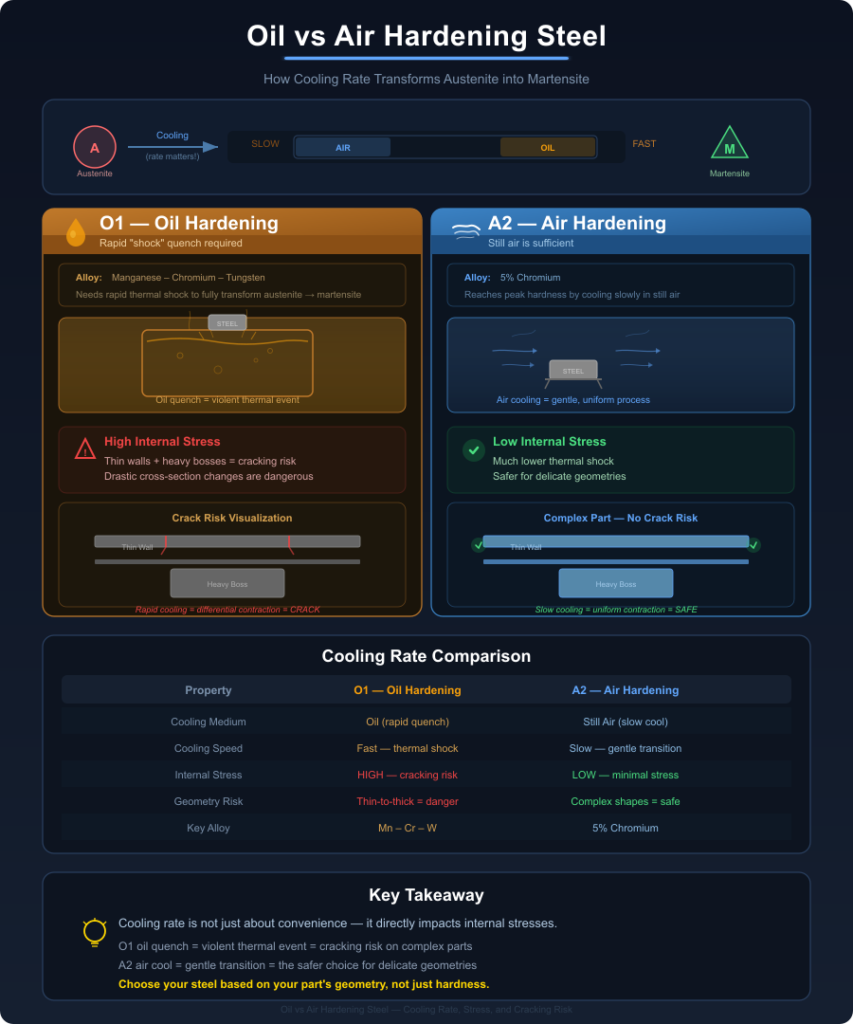 Oil vs air hardening steel comparison infographic showing O1 oil quench and A2 air cooling processes, internal stress levels, cracking risks, and cooling rate effects on austenite to martensite transformation
