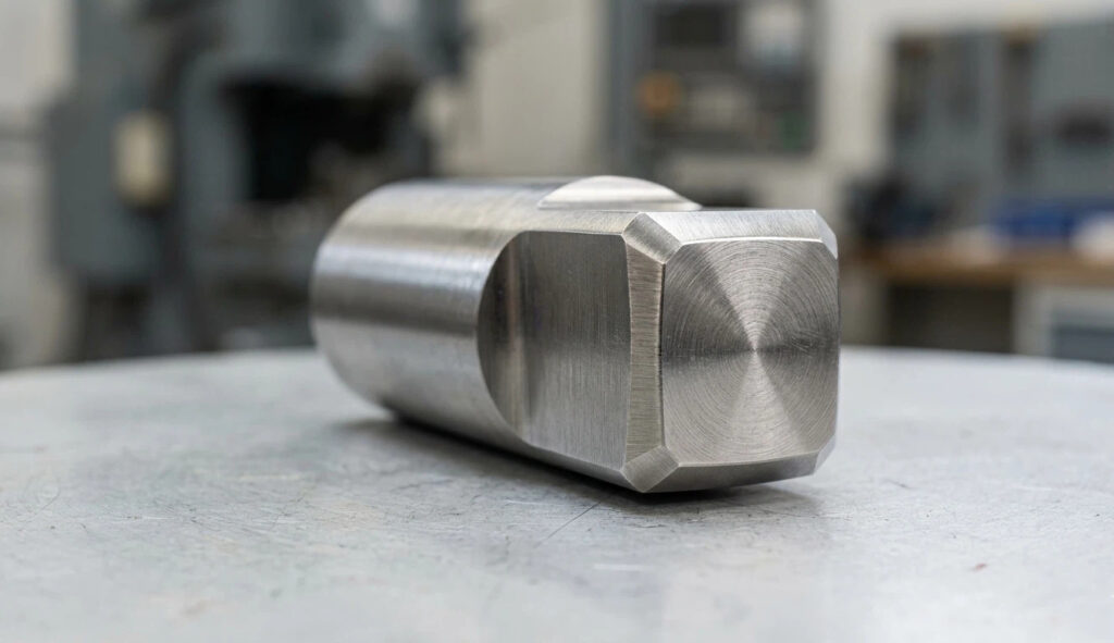 Macro view of an S7 tool steel cold heading punch with a high-precision polished finish. Showcasing the shock-resisting steel grain structure for heavy-duty industrial fasteners.