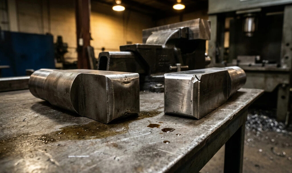 Side-by-side comparison of S7 and A2 tool steel punches. Left shows S7 plastic deformation without breaking; right shows A2 brittle fracture and chipping. Real-world impact toughness demonstration.