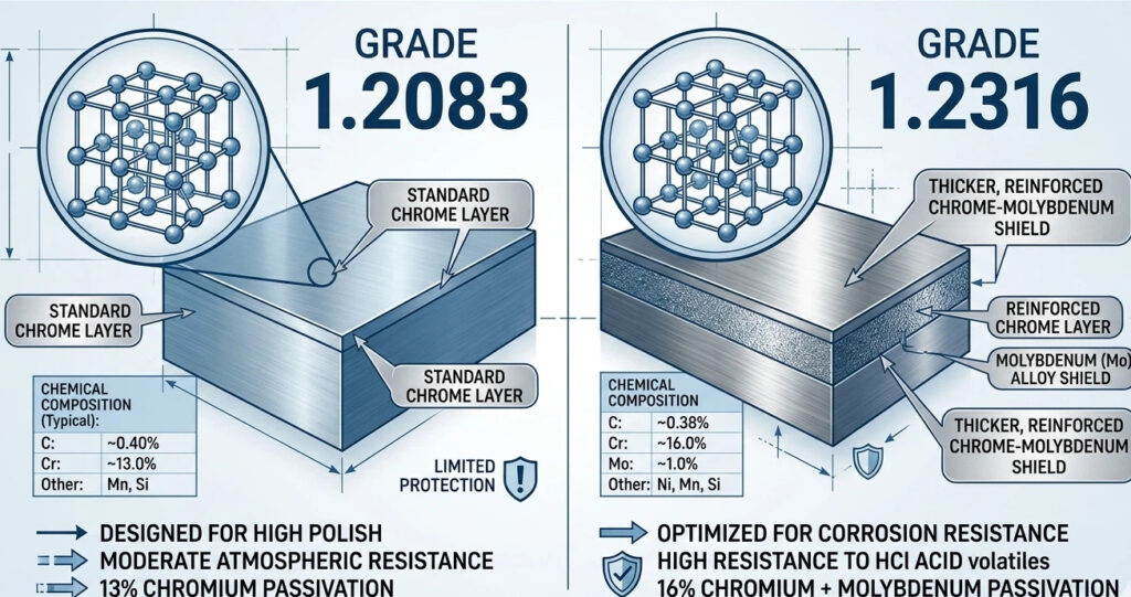 Infographic comparing 1.2083 and 1.2316 mold steel corrosion resistance in PVC extrusion dies, showing Chromium and Molybdenum alloy layers.