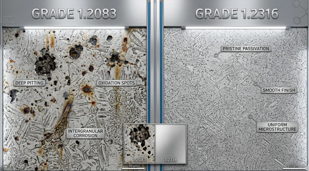 Microscopic comparison of 1.2083 vs 1.2316 steel after acid exposure, showing intergranular corrosion on 1.2083 and pristine surface on 1.2316.