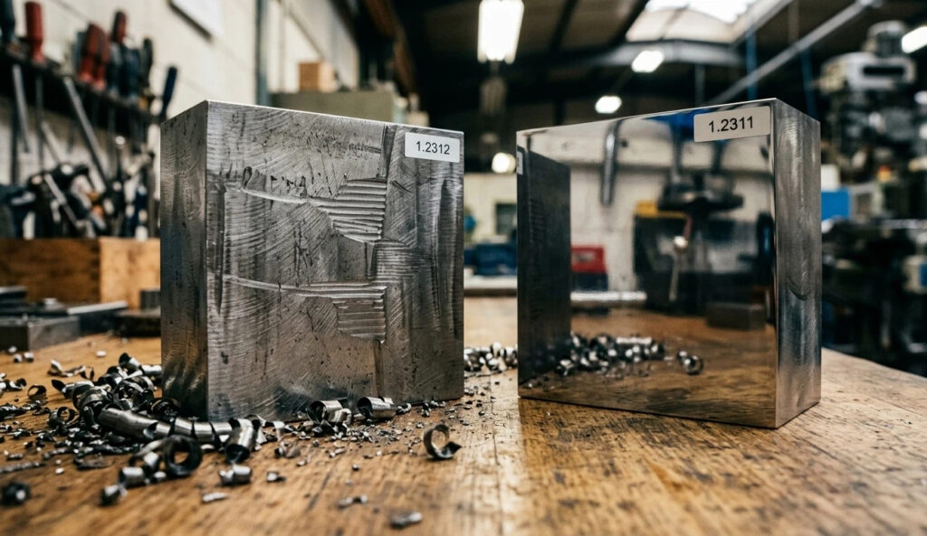 Comparison of 1.2312 steel with a milled surface and 1.2311 steel with a mirror-polished finish on an industrial workbench.