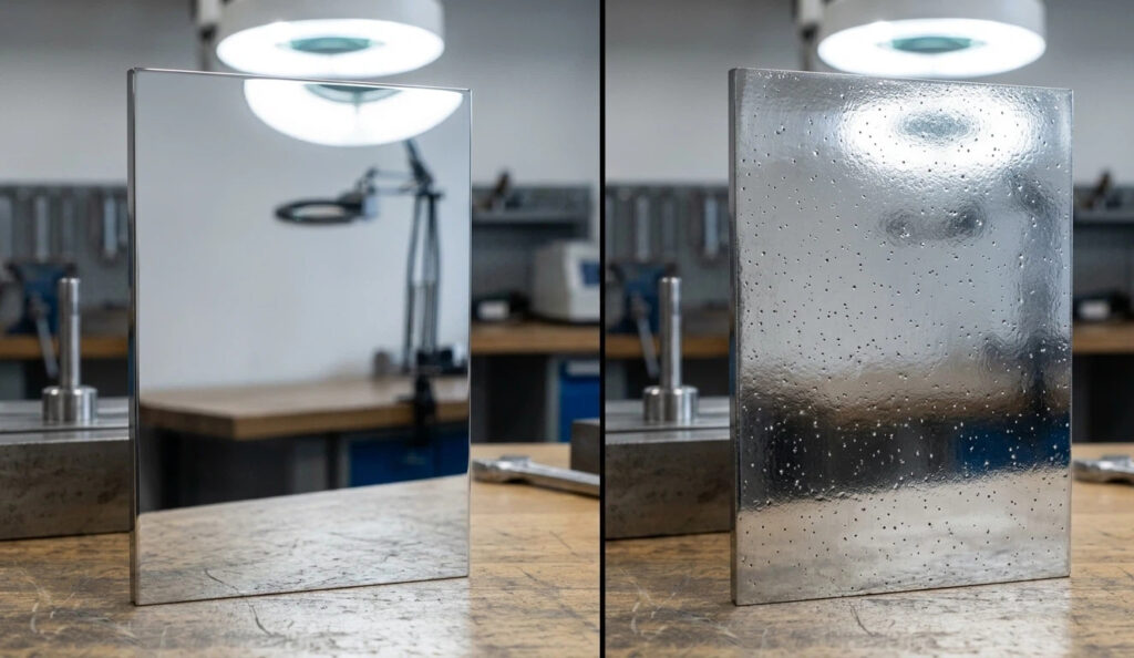 Visual comparison of high-gloss mirror finish on 1.2311 steel versus surface pitting and orange peel effect on sulfur-added 1.2312 steel.