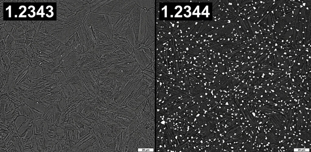 A split-field dark field optical micrograph comparing the grain structure of 1.2343 tool steel with minimal carbide clusters on the left, and 1.2344 tool steel showing dense white vanadium carbide (V4C3) precipitates on the right, both featuring lath martensite matrices with indicated grain sizes.