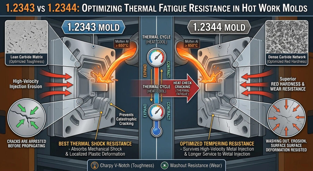 Detailed engineering infographic comparing 1.2343 and 1.2344 tool steels under hot-work thermal cycles. Left side shows 1.2343 with lean carbides and high CVN toughness, illustrating how cracks are arrested before propagating. Right side shows 1.2344 with a dense carbide network and high red hardness, optimizing resistance to high-velocity erosion and surface washout. Central gauges illustrate the thermal expansion and contraction cycles causing heat checking.