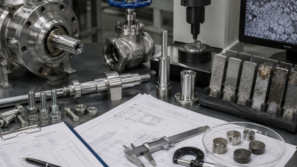 17-4PH vs 316L selection checklist with marine hardware, pump shaft, valve stem, fasteners, and test samples