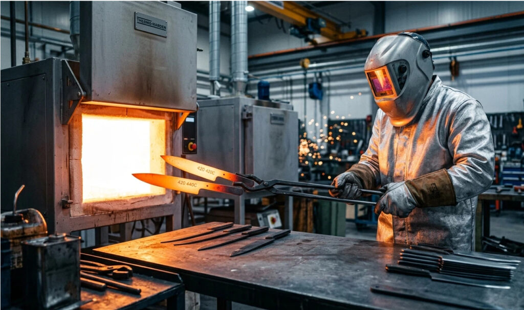 Professional heat treatment of stainless steel blades in an industrial furnace, illustrating the hardening process of martensitic stainless steel for 420 and 440C grades.