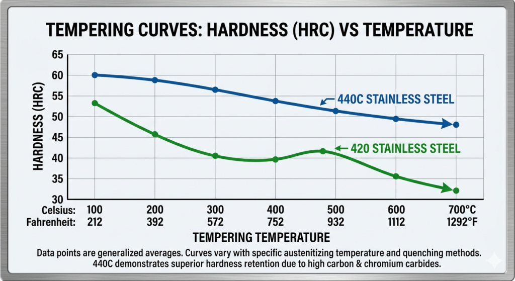 Technical chart comparing the tempering temperature curves of 420 vs 440C stainless steel. The graph shows 440C maintaining 58-60 HRC at low tempering temperatures, significantly higher than 420.