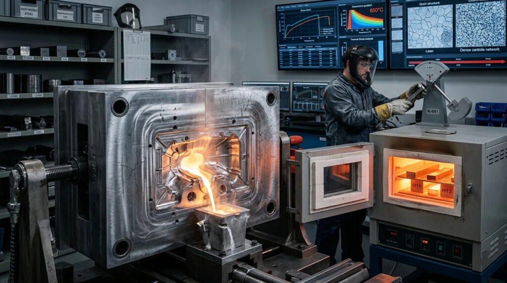 A professional metallurgical testing facility showing a large industrial hot-work tool steel mold undergoing thermal fatigue testing with molten aluminum injection, demonstrating the application of DIN 1.2343 and 1.2344 equivalents in a high-temperature engineering lab.