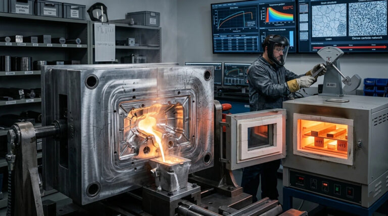 A professional metallurgical testing facility showing a large industrial hot-work tool steel mold undergoing thermal fatigue testing with molten aluminum injection, demonstrating the application of DIN 1.2343 and 1.2344 equivalents in a high-temperature engineering lab.