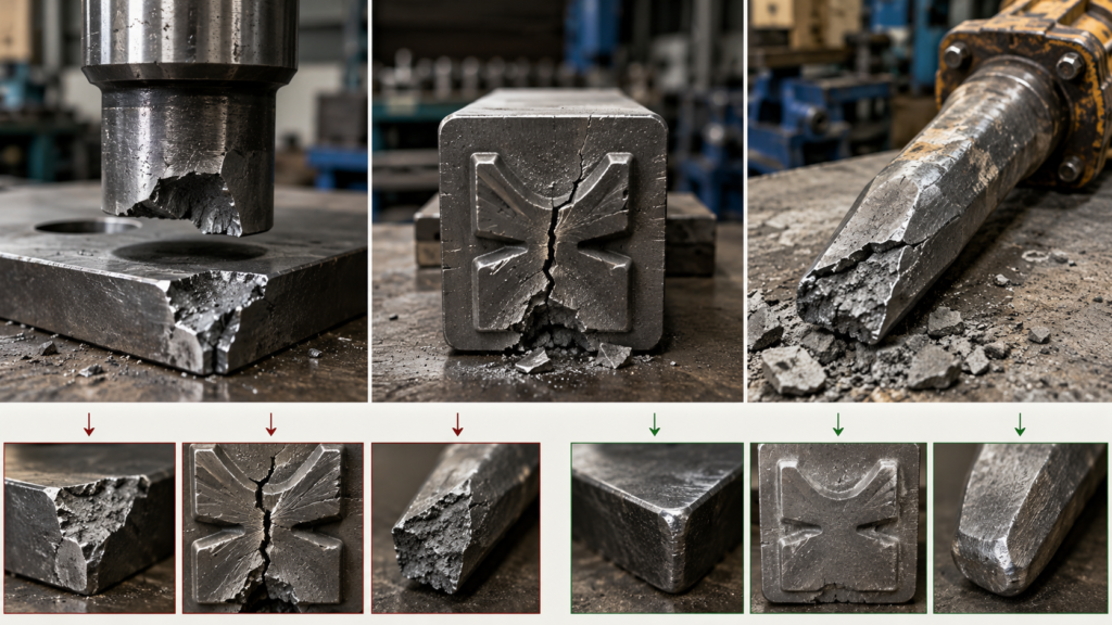 A2 vs S7 steel impact tool failure comparison showing punch chipping, stamp cracking, and breaker tip breakage