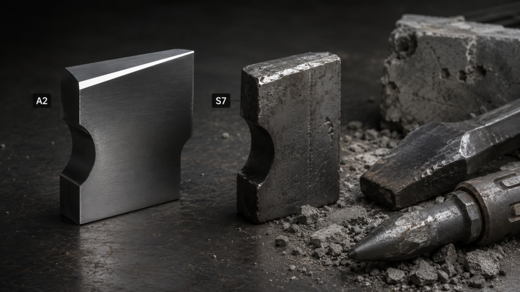 A2 vs S7 steel comparison showing wear-focused A2 and shock-resistant S7 for impact tooling and concrete breaker applications