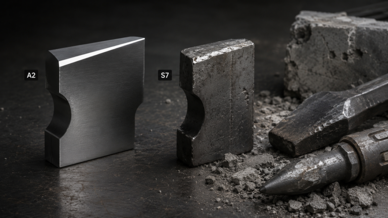 A2 vs S7 steel comparison showing wear-focused A2 and shock-resistant S7 for impact tooling and concrete breaker applications