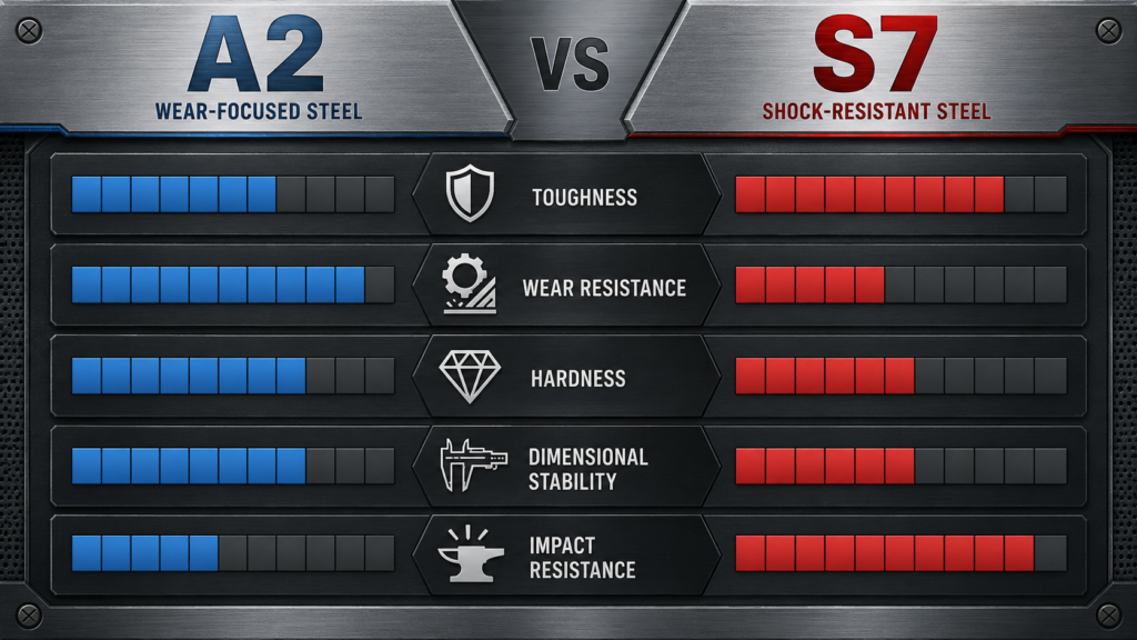 A2 vs S7 steel comparison chart showing toughness, wear resistance, hardness, dimensional stability, and impact resistance